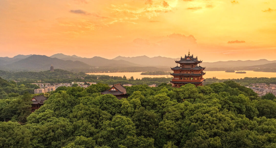 Aerial view of West Lake in Hangzhou, China