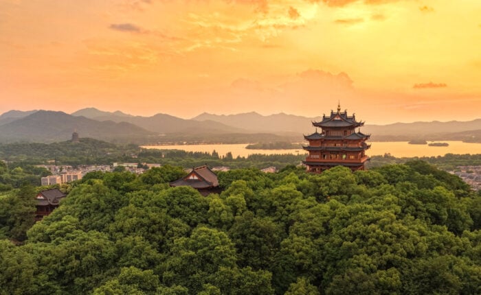 Aerial view of West Lake in Hangzhou, China