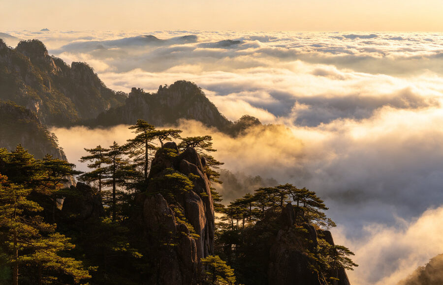 Granite peaks and pine trees above a sea of clouds on Yellow Mountain in Huangshan
