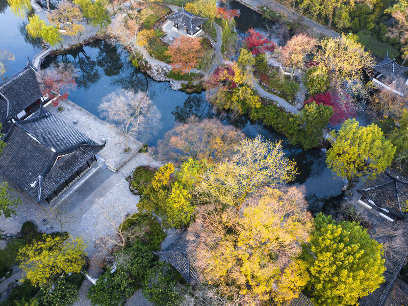 Garden buildings among autumn trees at the Humble Administrator’s Garden in Suzhou.